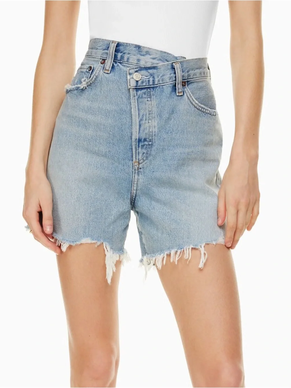 AGOLDE CRISS CROSS FRAYED HEM BLUE JEAN SHORTS - Picture 8 of 9